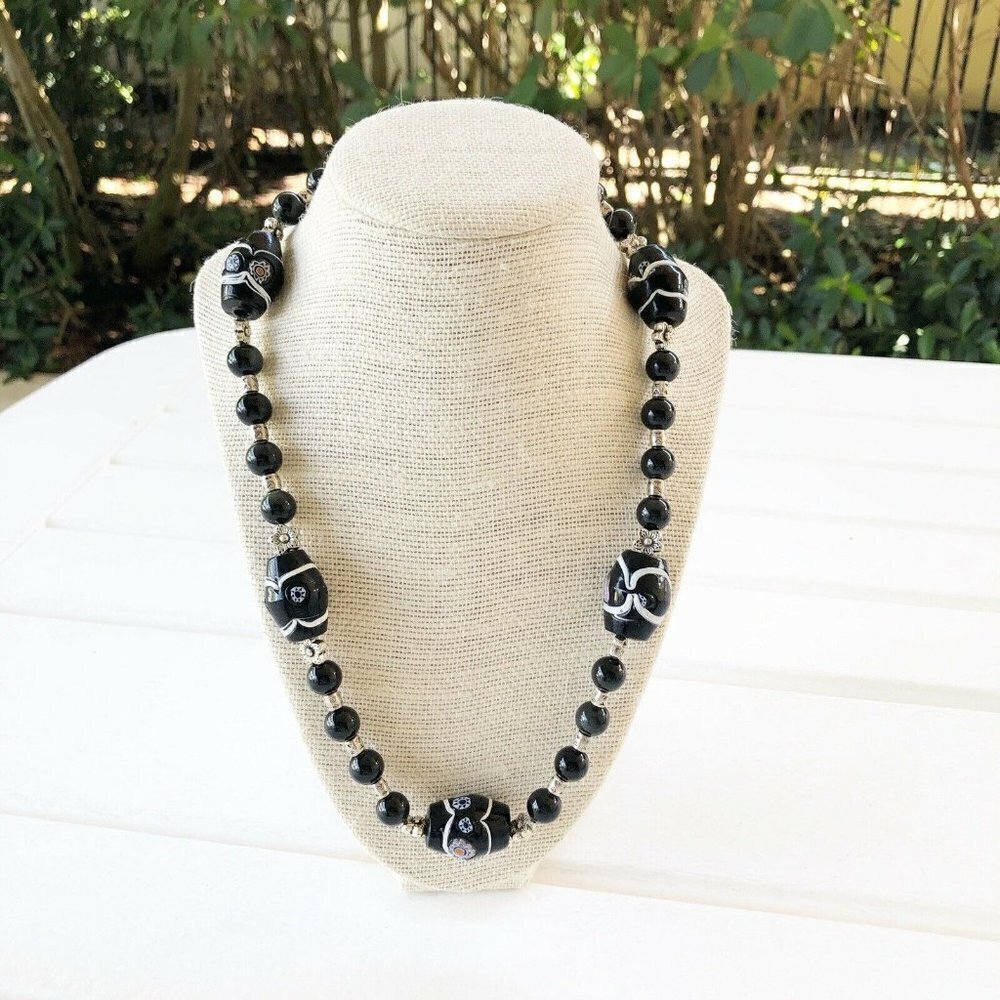NWT Genuine Black Onyx, Ceramic Beads & Metallic Beads Necklace Black Silver